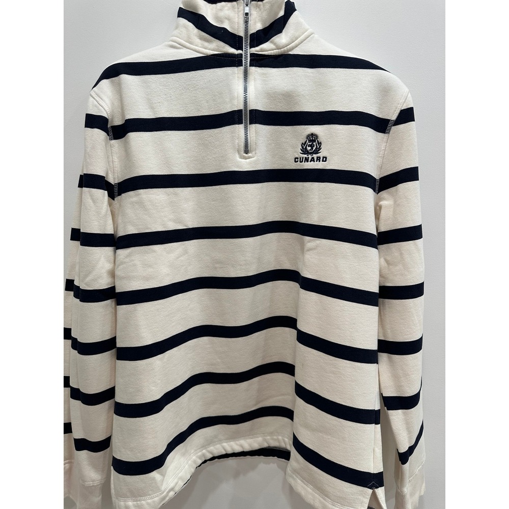 Cunard  Mens XL Quarter Zip Sweatshirt Nautical Striped Fleece Pullover Cream